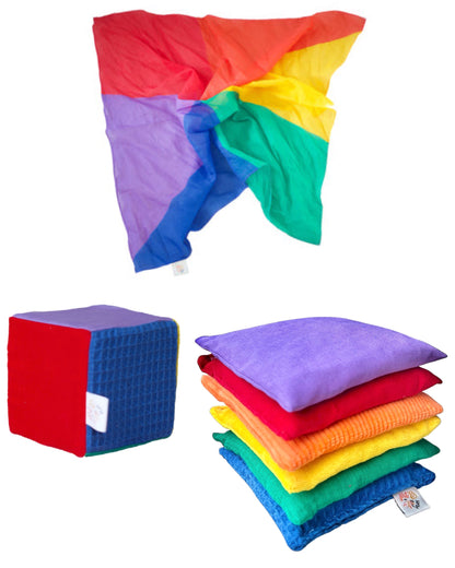 Regenboog pittenzakjes + speeldoek + dobbelsteen pakket