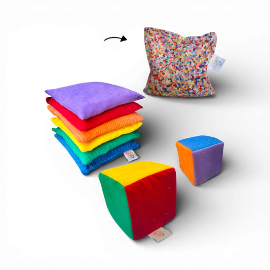 Rainbow beanbags + dice + super confetti beanbag package